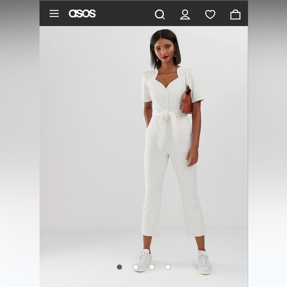 ✨MAKE OFFER✨ASOS DESIGN denim sweetheart neck puff sleeve jumpsuit beige & white - Picture 4 of 12